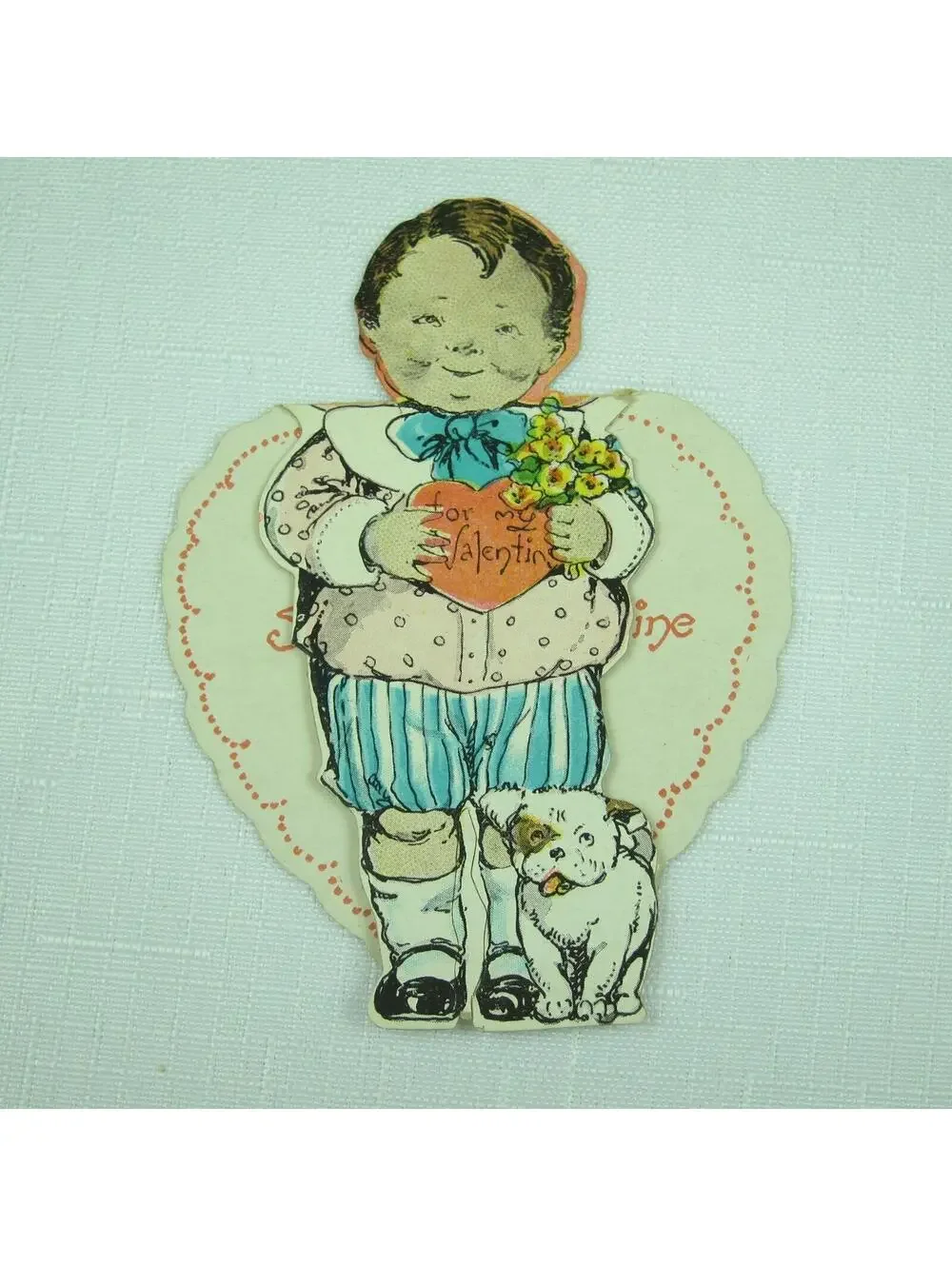 Vintage Valentine Boy Dog Yellow Flowers Stand Up Diecut 1920s-30s UNSIGNED